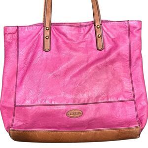 Fossil Pink Leather Tote Purse Shoulder Bag Tan Straps Shopper